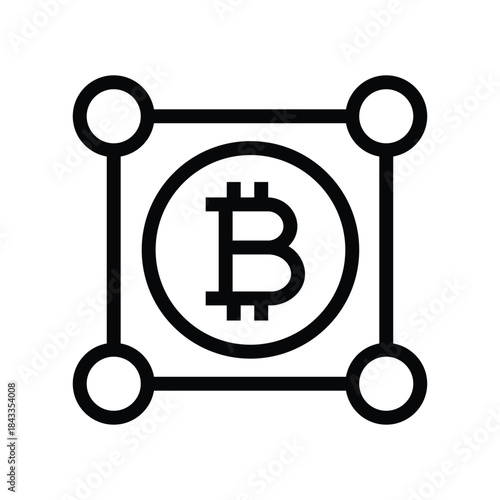Minimalist Bitcoin network icon showing a digital coin connected by nodes, representing blockchain technology, cryptocurrency security, and decentralized finance