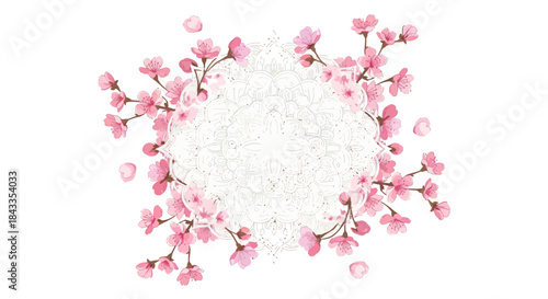 Delicate Pink Cherry Blossoms Forming a Circular Frame with Falling Petals.