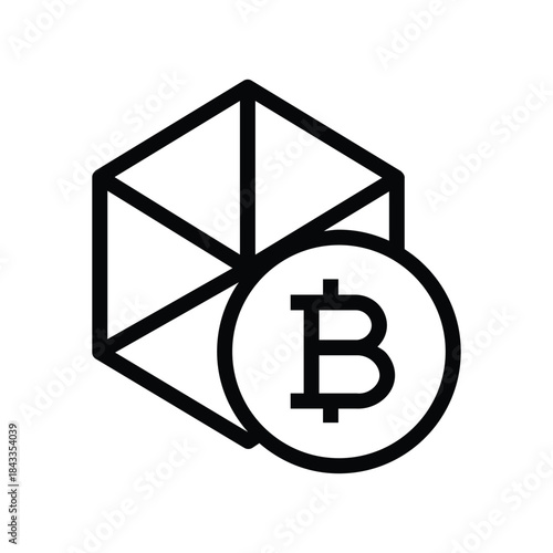 Minimalist blockchain cube icon with a Bitcoin symbol, representing cryptocurrency, blockchain technology, digital assets, and decentralized finance