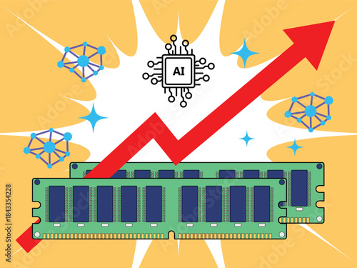 Flat vector illustration featuring computer RAM modules, artificial intelligence icons, and a rising arrow on a blue background symbolizing increasing memory demand and price growth driven by AI