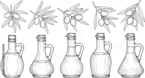  Hand Drawn Engraving Style Vector Set of Olive Oil Pitcher Bottles and Detailed Olive Tree Branches with Olives, Ideal for Mediterranean Food, Cooking, Organic, and Gourmet Product Labels