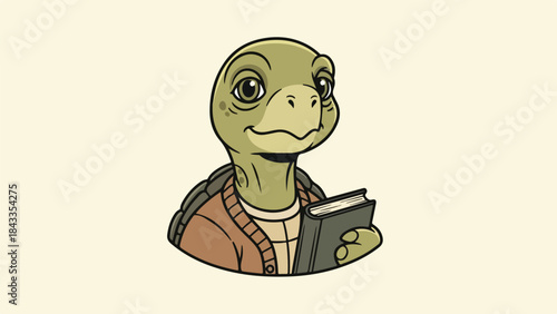 Vintage Turtle Librarian Mascot Simple Retro Education Character