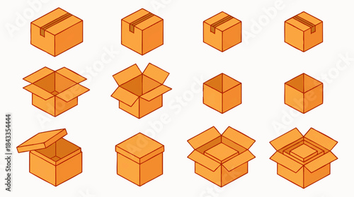 Set of orange cardboard boxes in various shapes and sizes for packaging design, delivery, and shipping purposes