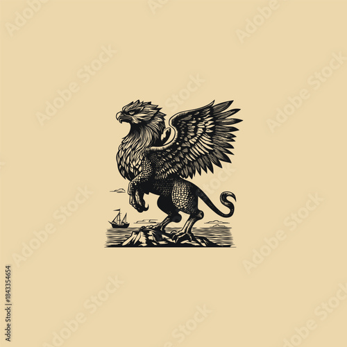 Majestic and powerful vintage engraving style illustration of a mythological Griffin, perched on a coastal rock