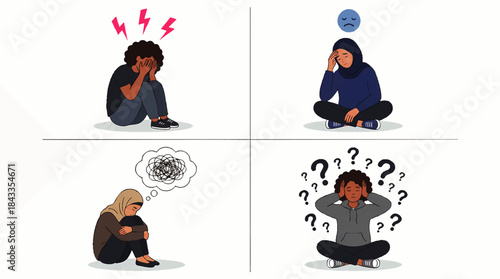 Illustrations Depicting Mental Health Struggles and Emotional Distress Anxiety Sadness Confusion and Overwhelm