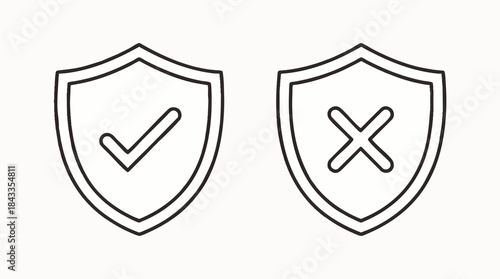 Security Shield Icons with Check Mark and Cross Symbol for Approval and Rejection