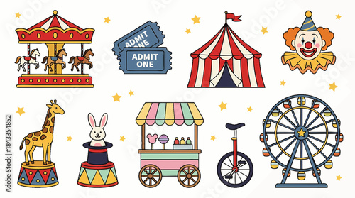 Whimsical Carnival and Fairground Elements Carousel Ferris Wheel Tickets Clown Illustration