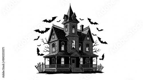 Haunted Black Victorian House with Bats on White