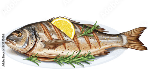  Realistic Vector Illustration of a Whole Grilled Sea Bream or Dorado Fish on a Plate Garnished with Fresh Rosemary and a Lemon Slice, perfect for Restaurant Menus and Recipe Blogs