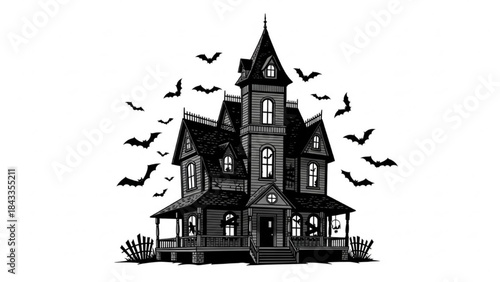 Haunted Black Victorian House with Bats on White Background