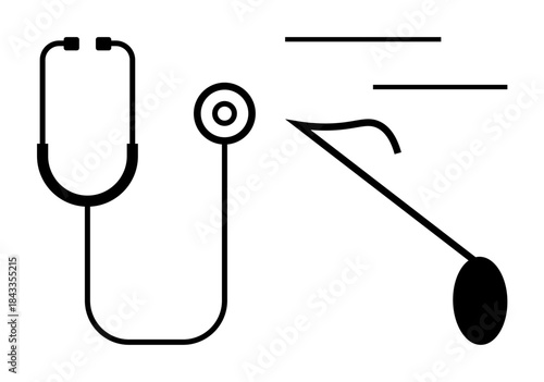 Stethoscope and tuning fork in simple black lines symbolizing medical diagnosis, sound waves, and healthcare. Ideal for healthcare, medicine, diagnostics, audiology, wellness, research simplicity