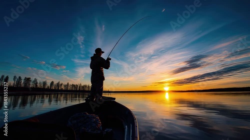 Fisherman in a boat casting a fishing rod at sunset over a calm lake image photo