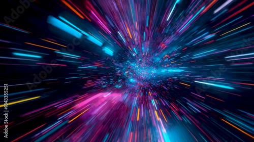 Abstract high speed light streak tunnel with multicolored motion lines converging toward center