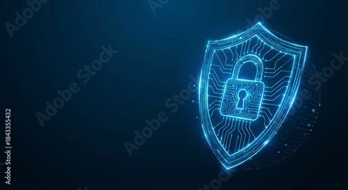 Glowing digital shield with padlock icon represents cybersecurity data protection and network defense technology concept