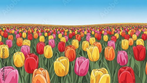 Vibrant Tulips Field Under Blue Sky