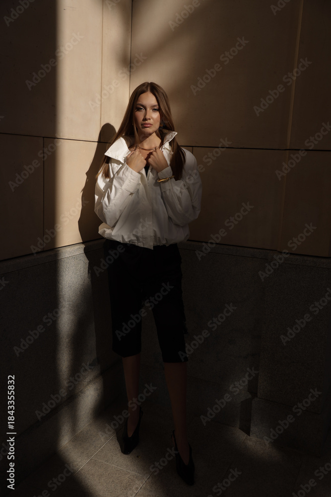 Fototapeta premium beautiful woman with dark hair in elegant clothes posing on the city street