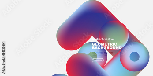 Abstract shapes overlap, creating vibrant color gradients. Text promotes geometric background design, inviting further exploration.