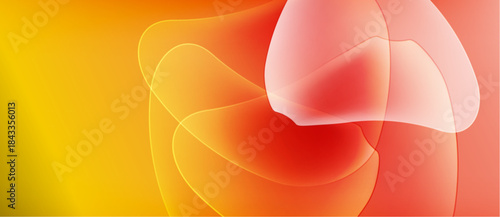 Abstract fluid shapes blend, creating warm color gradients. Yellow transitions to orange, then red, finishing with soft pink hues. Smooth, flowing design.