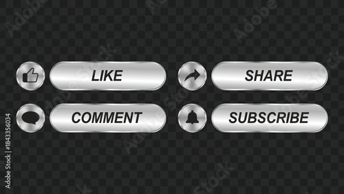 Silver metallic social media engagement buttons with icons for like, share, comment, and subscribe on a transparent background.