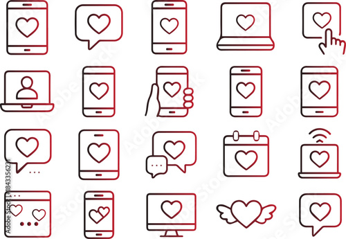 Collection of black and white line art icons depicting hearts phones laptops and social media interaction
