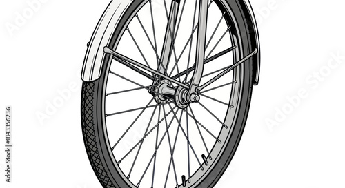 Bicycle Front Wheel with Fender: Detailed Line Art Illustration.