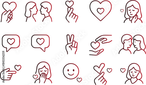 A collection of simple line art icons representing love relationships affection and various romantic gestures