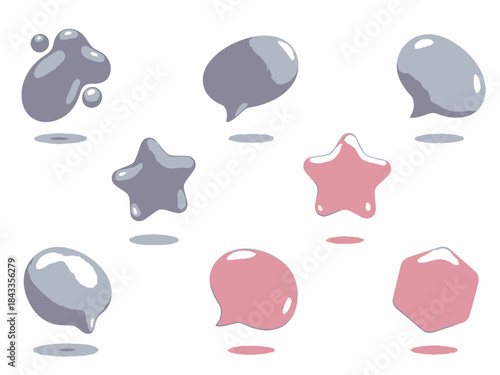 Glossy softedged abstract shapes in grey and pink resembling liquid blobs and stars with subtle highlights.