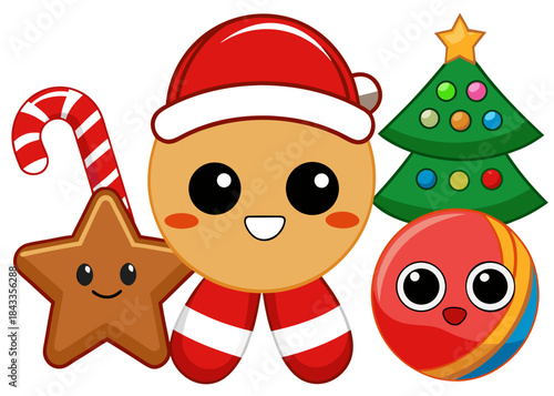Cute Christmas Characters Set with Gingerbread, Candy Cane, Star Cookie and Ornament