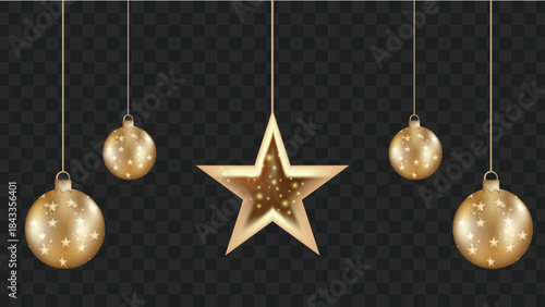 Golden Christmas star and baubles hanging, festive holiday decorations.
