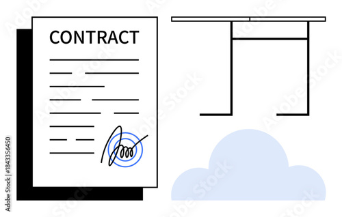 Legal agreements, cloud storage, digital workspaces, e-signatures, online collaboration, shared office tools. A signed contract, a desk and a cloud icon. Legal agreements and cloud storage concept