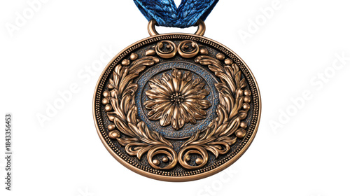 Luxury bronze medal with ornate floral engraving and blue ribbon isolated on white background, vintage award symbol of achievement honor victory on white background 