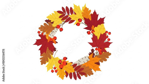 Autumn Leaves Wreath on White Background
