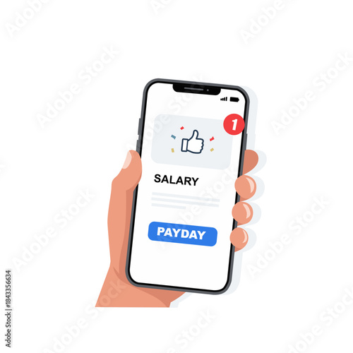 Mobile phone displays 'Salary' with a 'Payday' button and notification icon, celebrating financial success