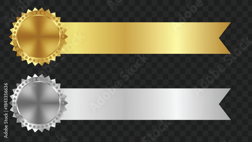 Two metallic seals with ribbons, one gold and one silver, on a transparent background, representing quality or achievement.