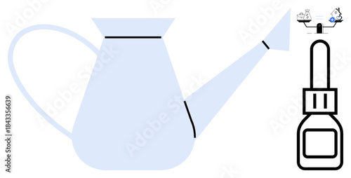 Gardening tools. Watering can and depiction of a glue bottle with detailed process steps. Gardening tools assist in nurturing plants. Ideal for garden care, tutorials, DIY, education, blogs