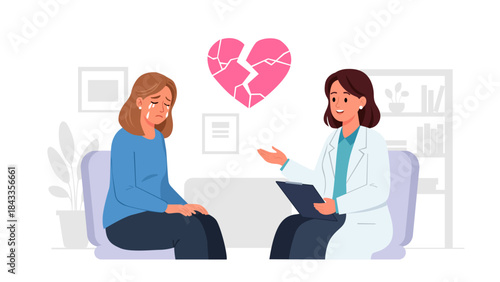 Crying woman finds solace in therapy, processing a broken heart and emotional pain with a compassionate counselor