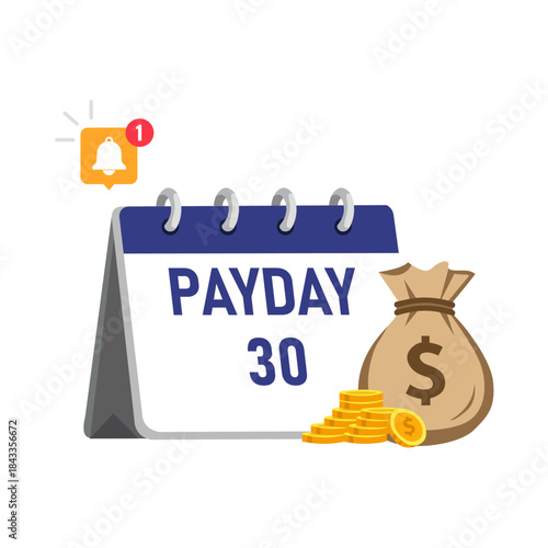 Important monthly financial reminder indicating payday on a calendar with a notification bell, a dollar money bag, and golden coins for income planning
