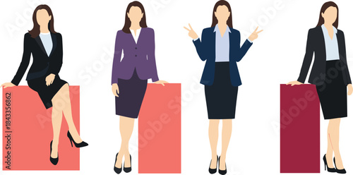 Business women characters in professional suits posing confidently, corporate fashion illustration, female office staff vector isolated on white background