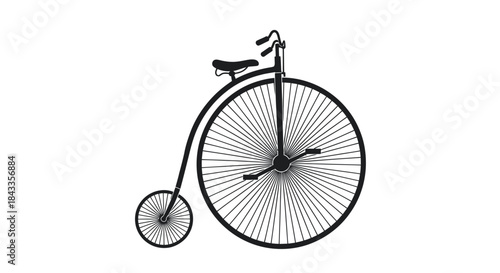 Penny-farthing bicycle with large front wheel and smaller rear wheel.
