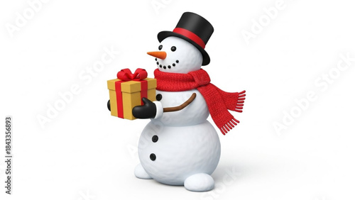 Snowman Holding Gift in Red Scarf and Black Top Hat on White