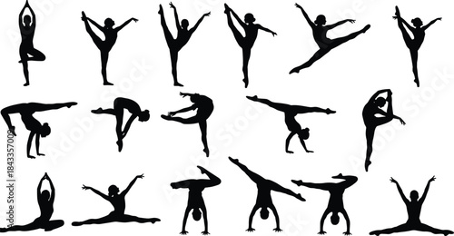 Gymnastics and dance silhouettes showing flexible athletes performing jumps poses and handstands, black sport figures vector illustration isolated white
