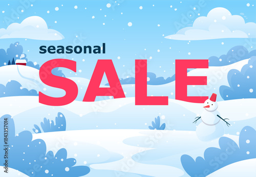 A colorful hand-drawn vector illustration with gradients. A pleasant landscape on a bright winter day. Snowfall over snow-covered fields. Text "Seasonal Sale." Banner for stores and websites.