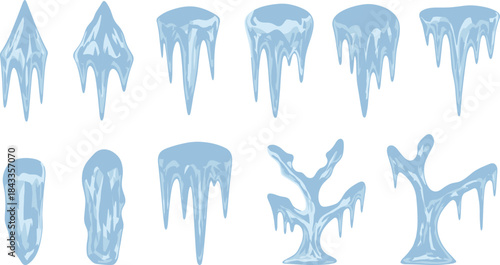 Ice icicles frozen drips and melting shapes, winter frost elements, blue vector illustration set isolated on white background design collection