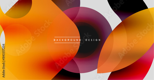 Abstract fluid shapes overlap, creating vibrant color gradients. Orange, red, purple hues dominate design. Minimalist aesthetic.