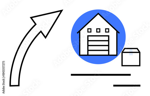 Shipping, logistics, distribution, inventory management, order tracking, supply chain. Warehouse building, package upward arrow. Logistics and delivery services concepts
