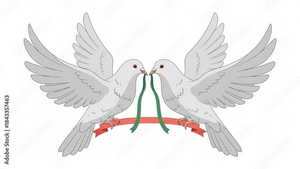Obraz premium White Doves Holding Green Ribbon in Beaks on Red Banner