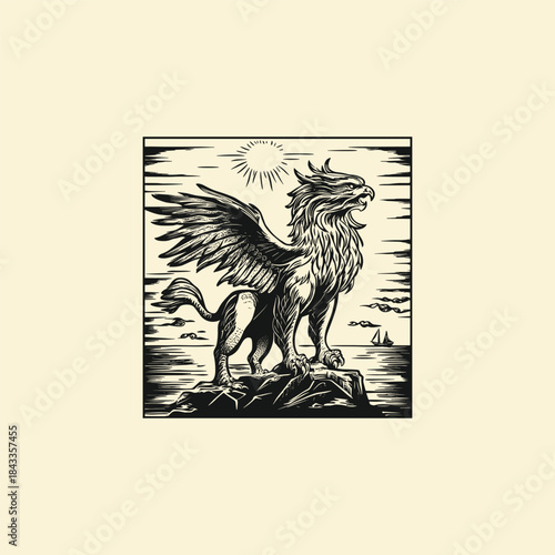 Majestic and powerful vintage engraving style illustration of a mythological Griffin, perched on a coastal rock