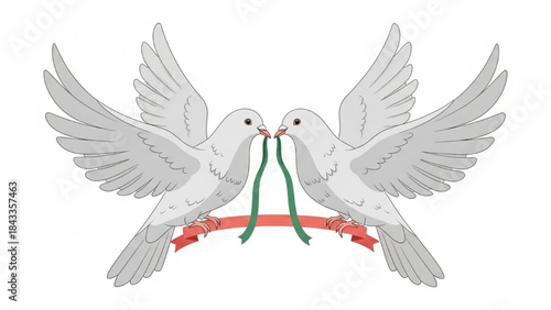 White Doves Holding Green Ribbon in Beaks on Red Banner