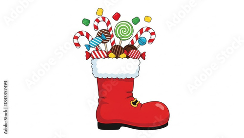 Red Christmas Boot Filled with Colorful Candy on White Background