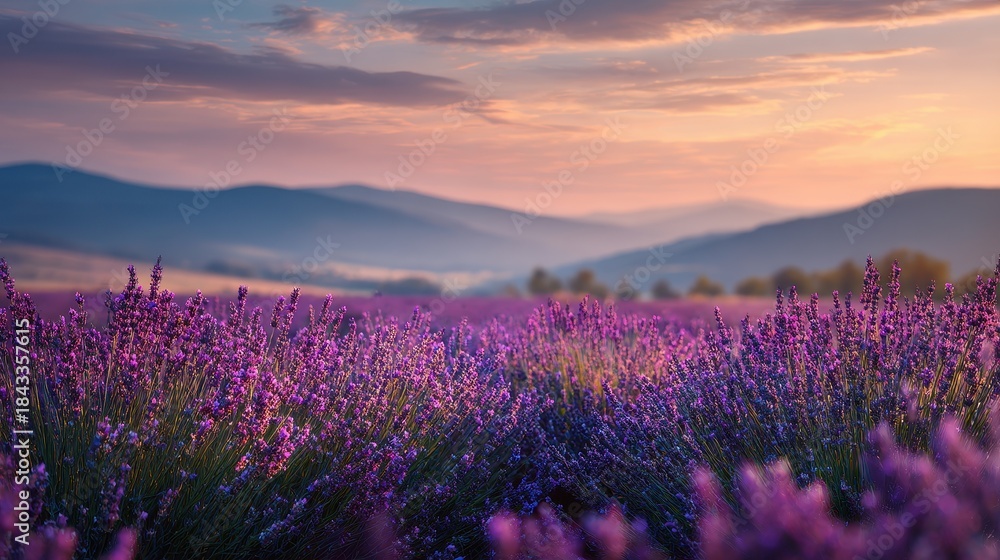 Obraz premium Vibrant lavender field at sunset with rolling mountains in the distance, capturing natures serene beauty